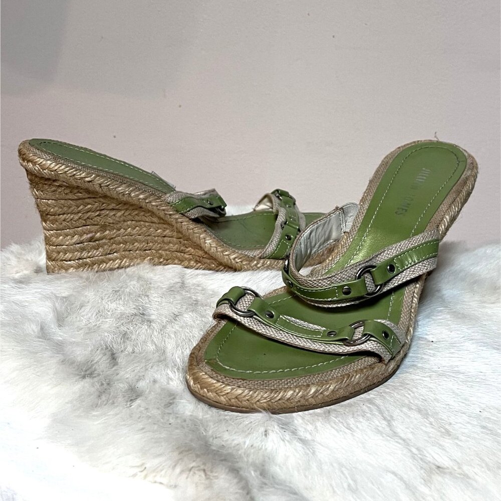Y2K Vintage Green Leather Wedge Espadrille Sandals w Strap Detail+Studs Size 7.5